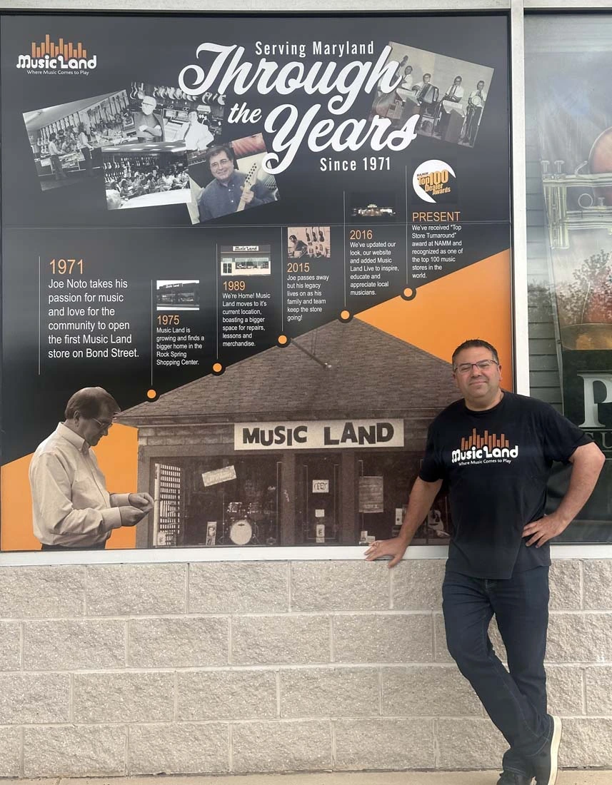 Music Land history timeline featuring founder Joe Noto and Larry Noto at the family-owned Maryland music store