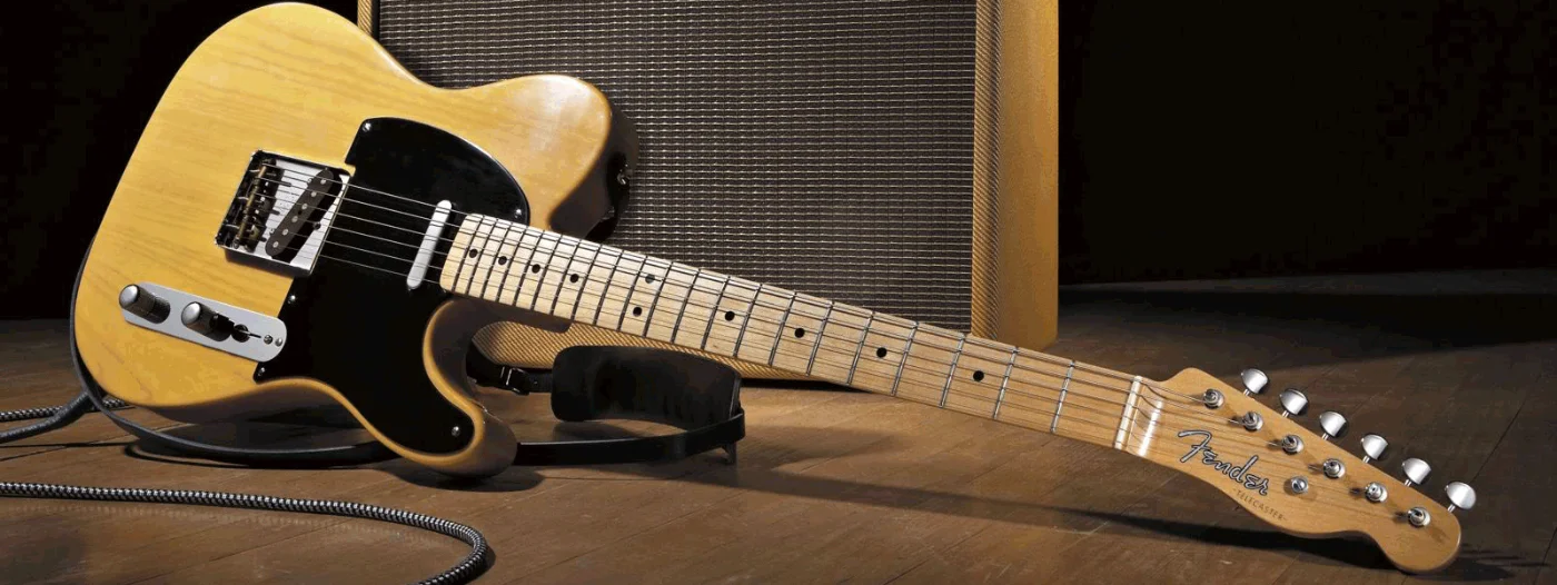 Fender guitar headstocks on display at Music Land